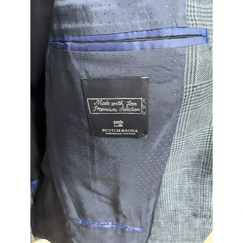 Scotch & Soda Men's Blue Tweed Plaid Two Button Blazer Luxury